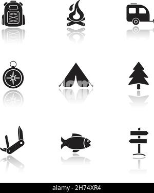 Campground equipment drop shadow icons set. Stock Vector