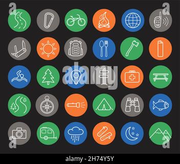 Camping and travel linear icons set Stock Vector