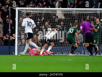 Craven Cottage, Fulham, London, UK. 20th Nov, 2021. EFL Championship football, Fulham versus Barnsley; Aleksandar Mitrovic of Fulham heads the ball to score his sides 1st goal in the 24th minute to make it 1-0 Credit: Action Plus Sports/Alamy Live News Stock Photo