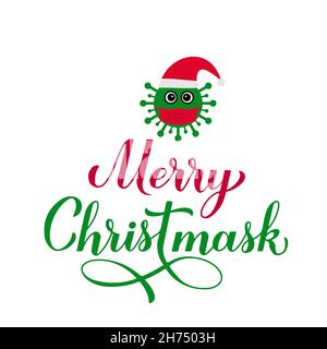 Merry Christmask lettering with cute masked Virus. Quarantine Christmas quote. Winter holidays in covid pandemic. Vector template for typography poste Stock Vector