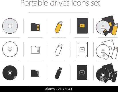 Portable drives icons set Stock Vector
