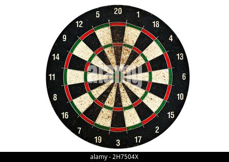 Target for darts was used in isolation on white background. Front view. Empty target for game. Stock Photo