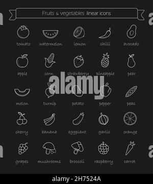 Line art vegetables icons set. Chalk Stock Vector