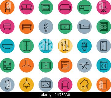 House furniture colorful linear icons set Stock Vector