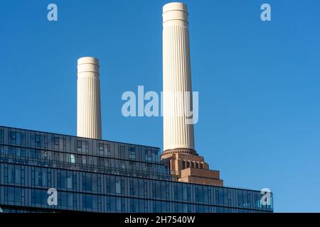 Chimneys of Battersea Power station against blue sky, London, UK Stock Photo