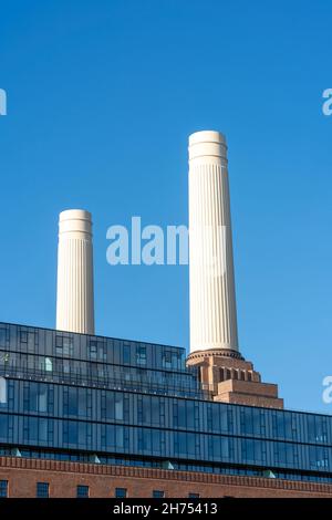 Chimneys of Battersea Power station against blue sky, London, UK Stock Photo