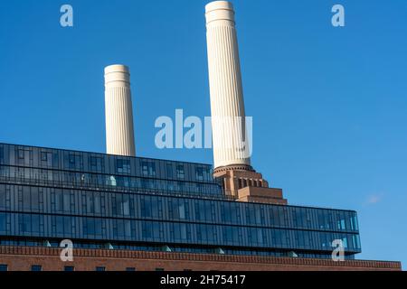 Chimneys of Battersea Power station against blue sky, London, UK Stock Photo