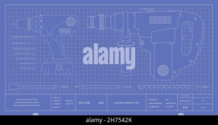 Drill, hammer drill and bits engineer blueprint Stock Vector