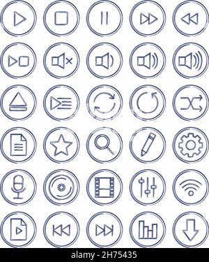 Multimedia linear hand drawn ink icons set Stock Vector