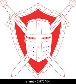 Two crossed swords shield and helmet emblem. Contour Stock Vector