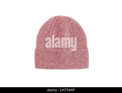 Pink knitted winter hat isolated on white background. Warm Woolen hat. Close shot of cold weather winter handmade knitting clothes Stock Photo