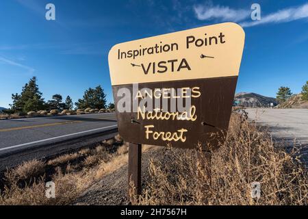 San Gabriel Mountains, California, USA - November 17, 2021:  View of the Angeles National Forest Inspiration Point Vista road sign on Angeles Crest Hi Stock Photo