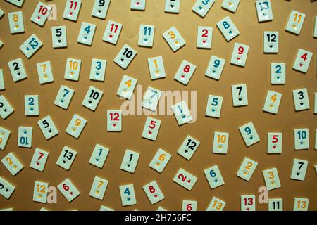 Rummikub game tiles, top view of rummikub tiles isolated on colorful background. Numbers pattern background. Stock Photo