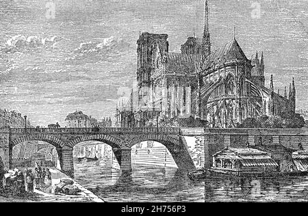 A late 19th Century illustration of Notre-Dame de Paris aka 'Our Lady of Paris', a medieval Catholic cathedral on the Île de la Cité in the 4th arrondissement of Paris. The cathedral, seen here from the Archbishop's Bridge across the Seine, was consecrated to the Virgin Mary and is considered to be one of the finest examples of French Gothic architecture. The cathedral's construction began in 1163 under Bishop Maurice de Sully and was largely complete by 1260, though it was modified frequently in the following centuries. Stock Photo