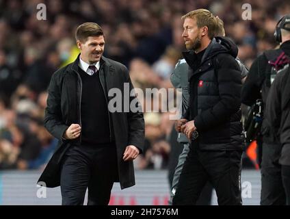 Aston Villa manager Steven Gerrard celebrates as Brighton and Hove Albion manager Graham Potter looks on dejected following the Premier League match at Villa Park, Birmingham. Picture date: Saturday November 20, 2021. Stock Photo