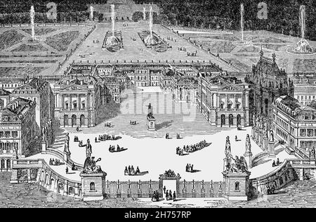 A late 19th Century aerial illustration of the Palace and gardens at Versailles, a former royal residence located in Versailles, about 12 miles west of Paris, France. In 1623 Louis XIII built a simple hunting lodge on the site of the palace, then replaced it with a small château in 1631–34. Louis XIV expanded the château into a palace and in 1682, Louis XIV moved his court and government to Versailles, making the palace the de facto capital of France. It was continued by Kings Louis XV and Louis XVI, but in 1789 the royal family and capital of France returned to Paris.