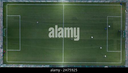 Aerial top down drone view of football field or soccer field Stock Photo