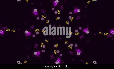 Animation of seamless loop. Abstract animation of multicolored neon social media network emojis icons rotating in spiral on the black background. Stock Photo