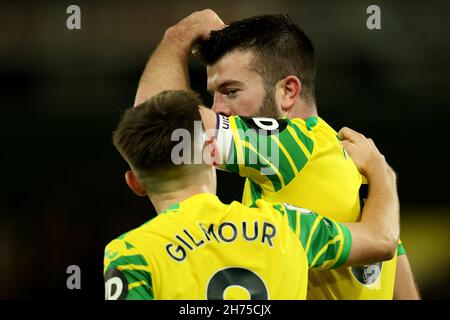 Carrow Road, Norwich, UK. 20th Nov, 2021. Premier League football, Norwich City versus Southampton; Grant Hanley of Norwich City celebrates his goal with Billy Gilmour for 2-1 Credit: Action Plus Sports/Alamy Live News Stock Photo