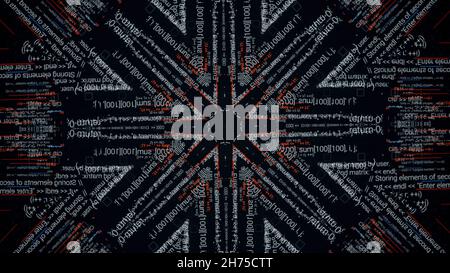 Abstract kaleidoscopic formula, algebra and computer code. Computer code running in a virtual space in a form of changing kaleidoscope, seamless loop. Stock Photo
