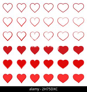 Red heart shapes. Red Outlined heart symbols. Vector sets. Stock Vector