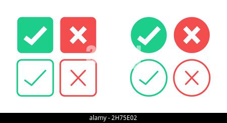 Check mark symbols. Green tick and red cross icon. Square check marks. Rounded checkmark symbols. True and false icon, correct, false, right and wrong Stock Vector
