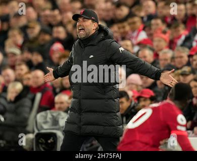 Liverpool, England, 20th November 2021. Jurgen Klopp manager of Liverpool reacts during the Premier League match at Anfield, Liverpool. Picture credit should read: Andrew Yates / Sportimage Stock Photo