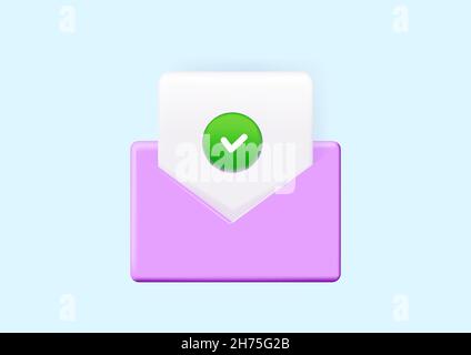 Check mark icon. Approvement concept. Document and postal envelope. 3d realistic vector illustration. Stock Vector
