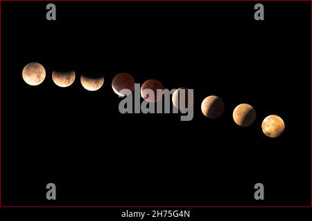Awe inspiring near-total eclipse of full Beaver Moon over a four hour period on the morning of November 19, 2021, viewed from Gaithersburg, MD, USA. Stock Photo