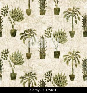 Desert plant on sand texture seamless raster pattern. Organic succulent foliage for tileable bohemian illustration backdrop.  Stock Photo