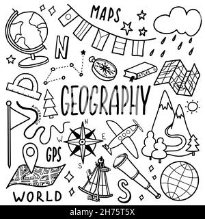 Geography symbols icons set. School subject design. Education outline sketch in doodle style. Study, science concept. Back to school background for Stock Vector