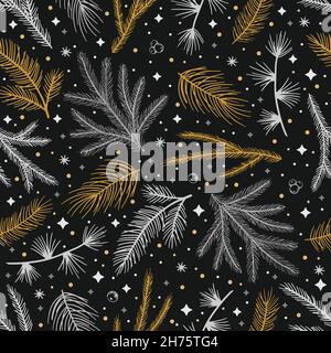 Simple Christmas seamless pattern. Snowflakes with different ornaments. On black background Stock Vector