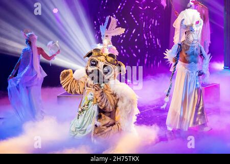 Cologne, Germany. 20th Nov, 2021. The character 'The Pug' is on stage in the Prosieben show 'The Masked Singer'. Credit: Rolf Vennenbernd/dpa/Alamy Live News Stock Photo