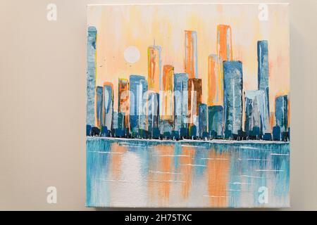 Abstract acrylic painting on canvas of cityscape skyline with highrise towers reflected in water with sun Stock Photo