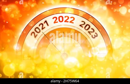 2022 New Year Background with Selective Defocused Bokeh Lights and Clock. Abstract colorful happy new year wallpaper Stock Photo