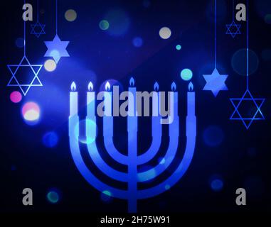 Hanukkah Abstract Background Jewish Holiday . Happy Hanukkah Wallpaper with glowing bokeh lights Stock Photo