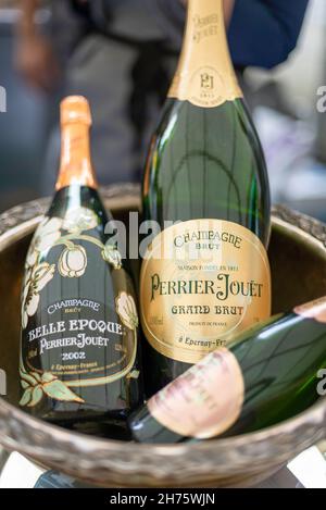 Three bottles of Champagne in an ice bucket Stock Photo