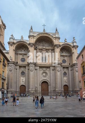 Granada Spain - 09 14 2021: View at the front facade at the Granada Cathedral or Cathedral of the Incarnation, Catedral de Granada, Santa Iglesia Cate Stock Photo