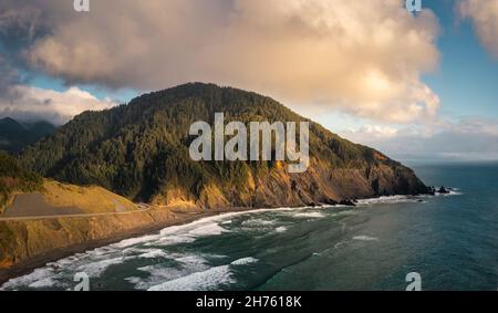 Humbug Mountain Oregon Coast with Pacific Coast Highway, aerial view. Stock Photo