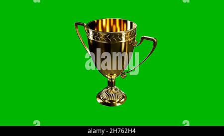 cute golden prize cup on green screen , isolated - object 3D rendering Stock Photo