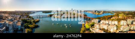 Parramatta river near Meadowbank and Rhodes on Sydney West in wide aerial panorama from city CBD to Parramatta CBD. Stock Photo