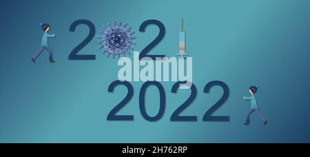 Happy New Year 2022. Goodbye 2021 - year of Covid-19 and vaccination. Back to normal. Greeting card on blue background. Illustration.