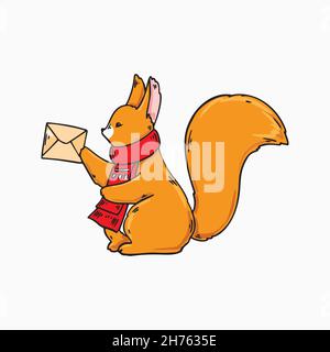 Hand drawn squirrel in a red scarf with a letter. Vector illustration Stock Vector