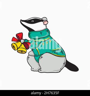 Hand drawn badger with bells. Vector illustration Stock Vector