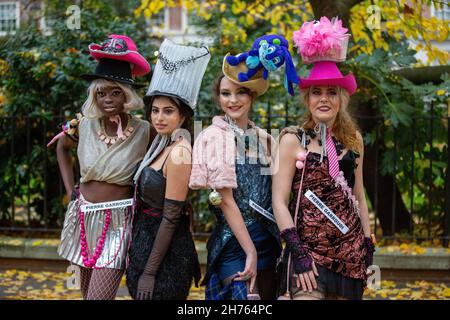 Models showcase Pierre Garroudi's latest colourful collection at one of the designer's specialty flash mob fashion show in Knightsbridge. (Photo by Pietro Recchia / SOPA Images/Sipa USA)