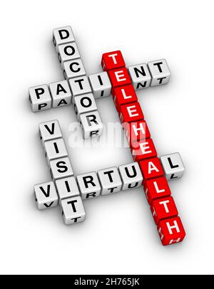 Virtual Visit Telehealth Doctor and Patient. High quality 3d crossword puzzle on white background. Stock Photo