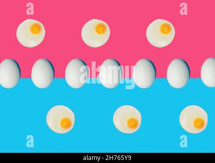 Conceptual raw and boiled eggs pattern Stock Photo