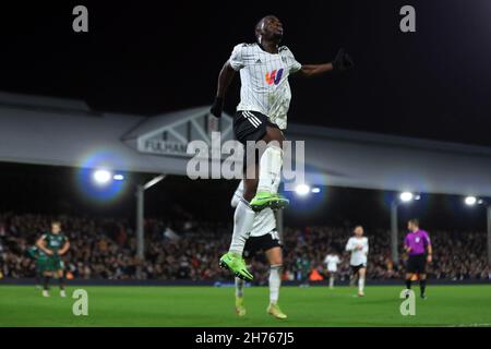 London, UK. 20th Nov, 2021. Neeskens Kebano of Fulham celebrates after scoring his teams 3rd goal. EFL Skybet Championship match, Fulham v Barnsley at Craven Cottage in London on Saturday 20th November 2021. this image may only be used for Editorial purposes. Editorial use only, license required for commercial use. No use in betting, games or a single club/league/player publications. pic by Steffan Bowen/Andrew Orchard sports photography/Alamy Live news Credit: Andrew Orchard sports photography/Alamy Live News Stock Photo