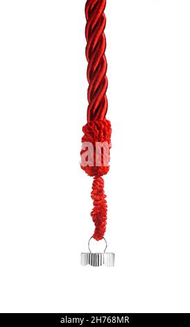 Silver top of a Christmas bauble hanging from shiny red rope. Empty space below ornament cap for text or product. Isolated on white. Stock Photo