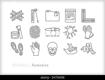 Set of forensic line icons of items a forensic scientist or detective use to collect evidence and solve crimes Stock Vector